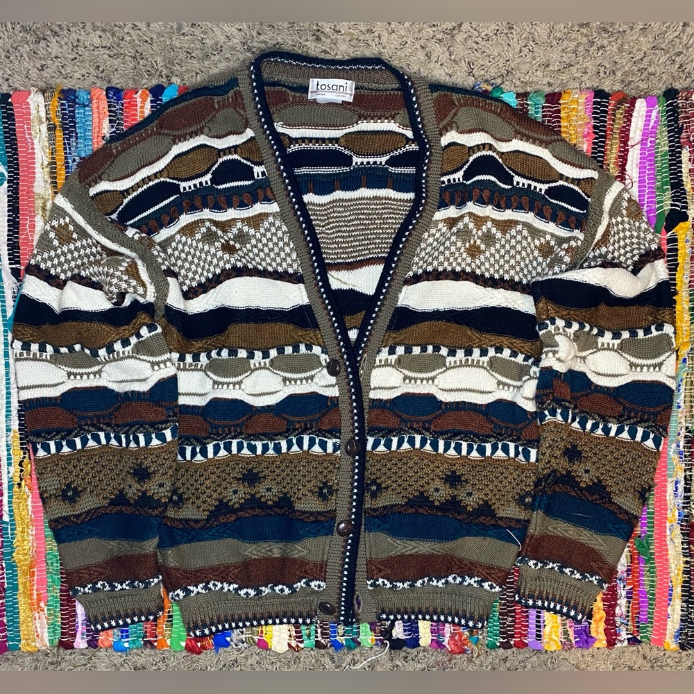 Vintage Tosani Cardigan Chunky Multicolored Coogi Style Sweater Blue Brown Black